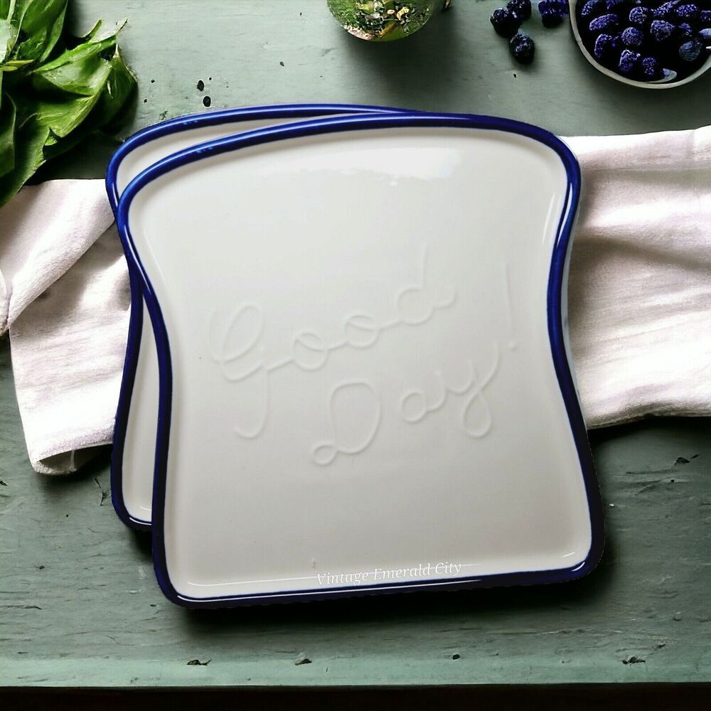 Set Of 2 Ceramic Toast Plates White & Blue Dish Embossed Good Day! Breakfast
